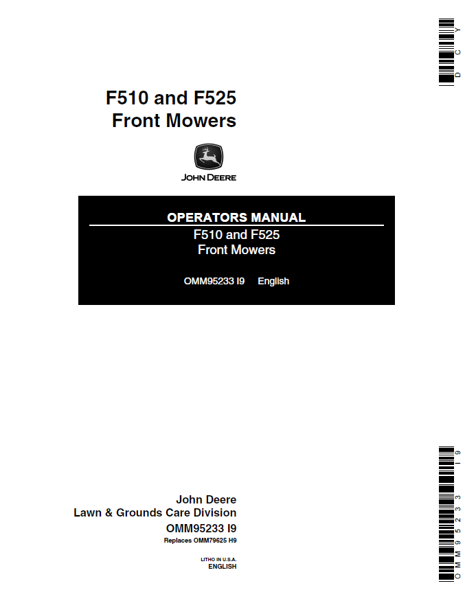 SAFETY,
CONTROLS,
OPERATING THE ENGINE,
DRIVING THE FRONT MOWER,
TRANSPORTING,
FUEL AND LUBRICANTS,
TROUBLESHOOTING,
STORAGE,
ASSEMBLY,
SPECIFICATIONS,