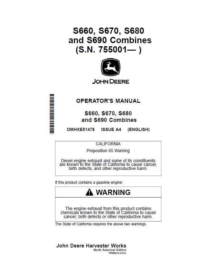 John Deere S660, S670, S680 and S690 Combines Operator Manual OMHXE51478 PDF