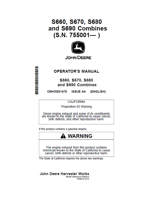 John Deere S660, S670, S680 and S690 Combines Operator Manual OMHXE51478 PDF