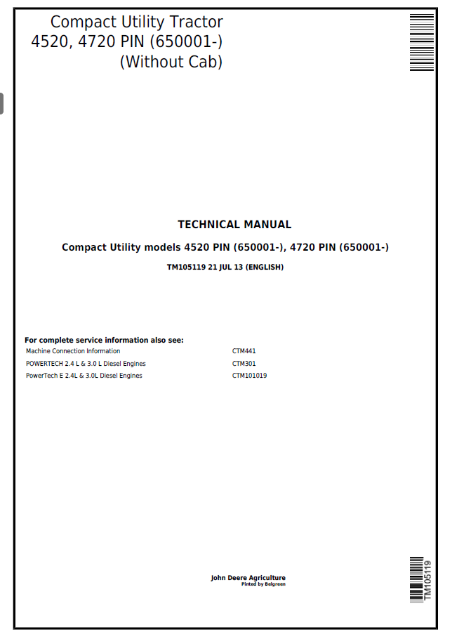 John Deere 4520, 4720 Compact Utility Tractor Technical Manual TM105119 PDF