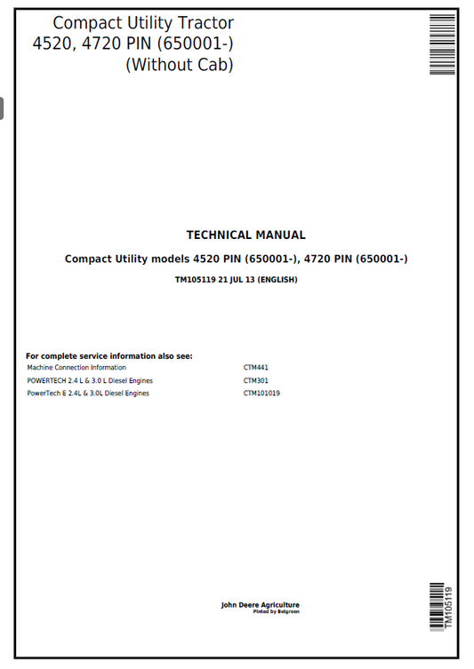 John Deere 4520, 4720 Compact Utility Tractor Technical Manual TM105119 PDF