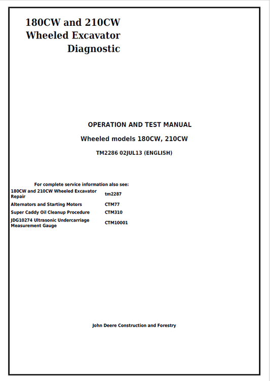 John Deere Wheeled models 180CW, 210CW Operation and Test Manual TM2286 PDF