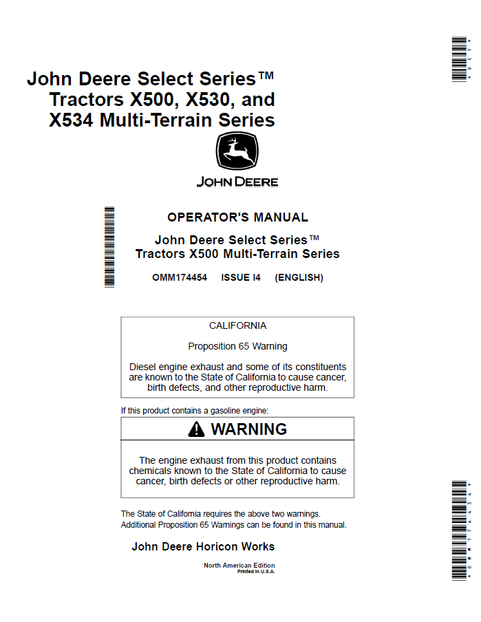 John Deere Select Series™ Tractors X500, X530, and X534 Multi-Terrain Series Operator Manual OMM174454 PDF