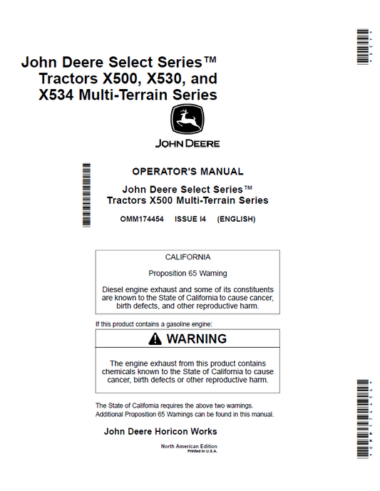 John Deere Select Series™ Tractors X500, X530, and X534 Multi-Terrain Series Operator Manual OMM174454 PDF