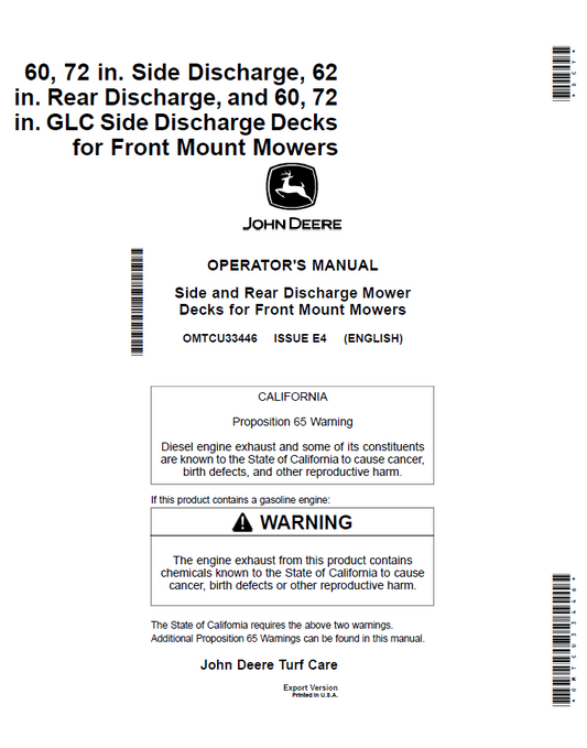 John Deere Side and Rear Discharge Mower Decks for Front Mount Mowers Operator Manual OMTCU33446 PDF