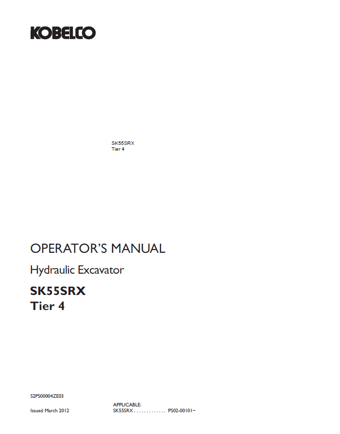 Kobelco Machine Hydraulic Excavator SK55SRX Tier 4 Operator Manual PDF