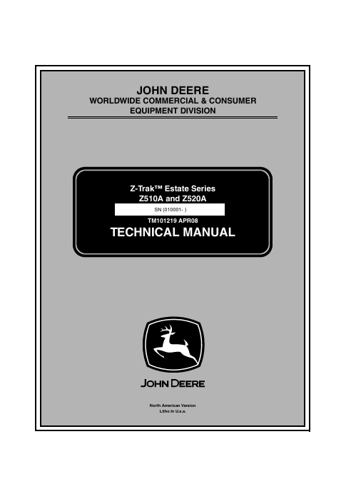 Technical manual cover for John Deere Z-Trak Estate Series equipment on a white background