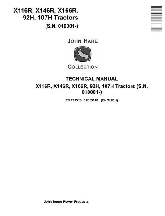 Technical manual cover for John Deere tractors with John Hare Collection branding.