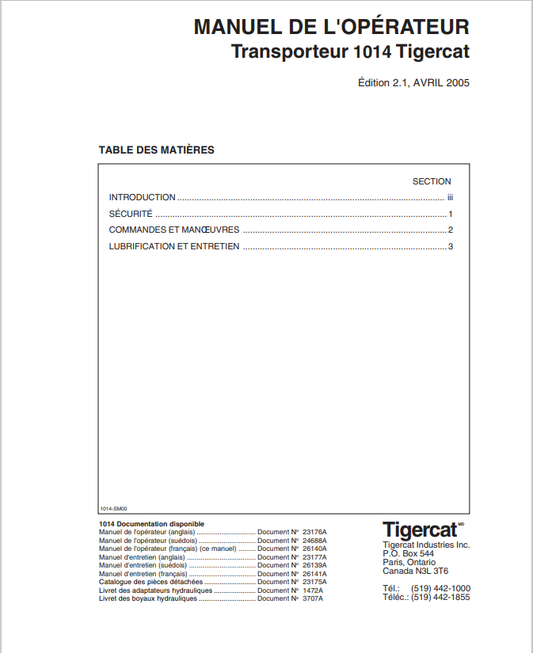 Tigercat 1014 Carrier Operator Manual 23176A
