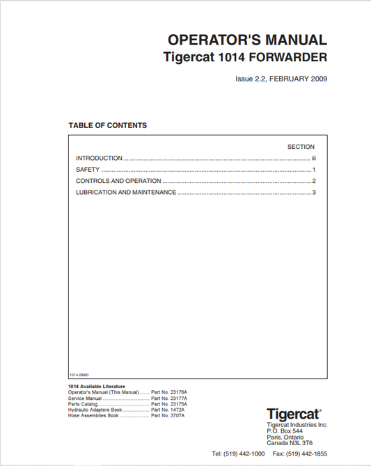 Tigercat 1014 Forwarder Operator Manual 23176A