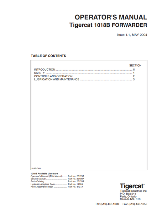 Tigercat 1018B Forwarder Operator Manual 23179A