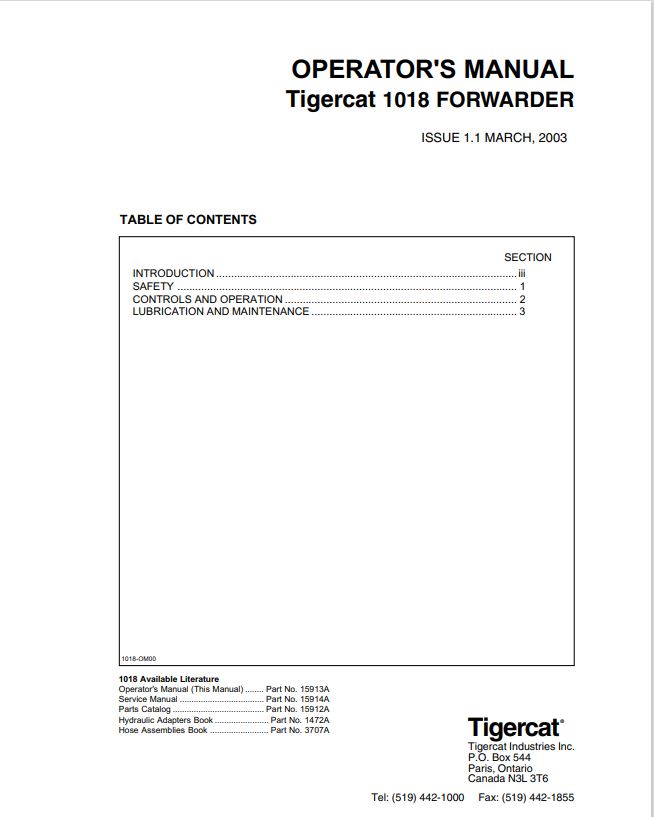 Tigercat 1018 Forwarder Operator Manual 15913A