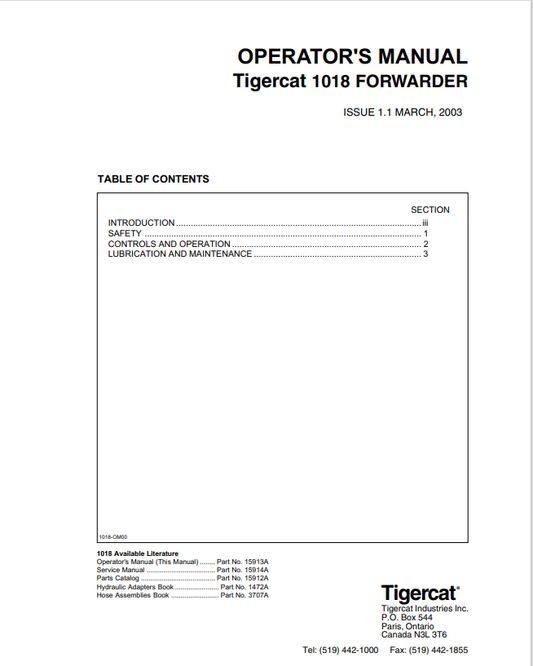 Tigercat 1018 Forwarder Operator Manual 15913A