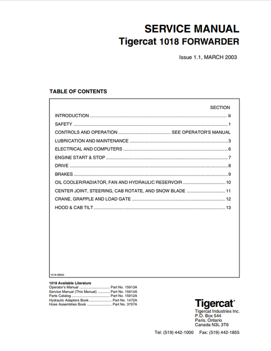 Tigercat 1018 Forwarder Service Manual 15914A