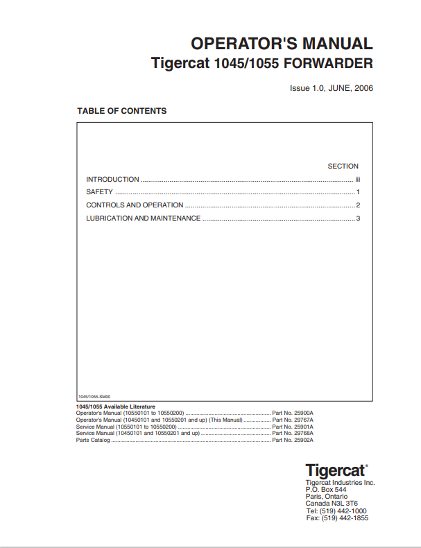 Tigercat 1045,1055 Forwarder Operator Manual 25900A