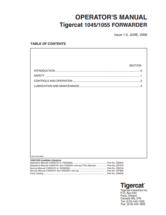 Tigercat 1045,1055 Forwarder Operator Manual 25900A