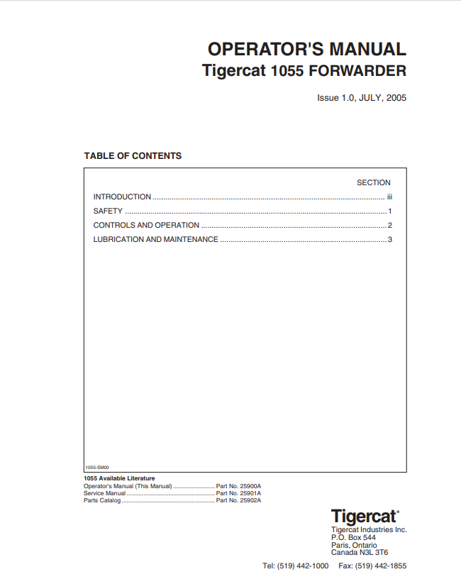 Tigercat 1055 Forwarder Operator Manual 25900A