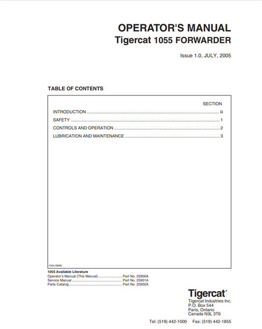 Tigercat 1055 Forwarder Operator Manual 25900A