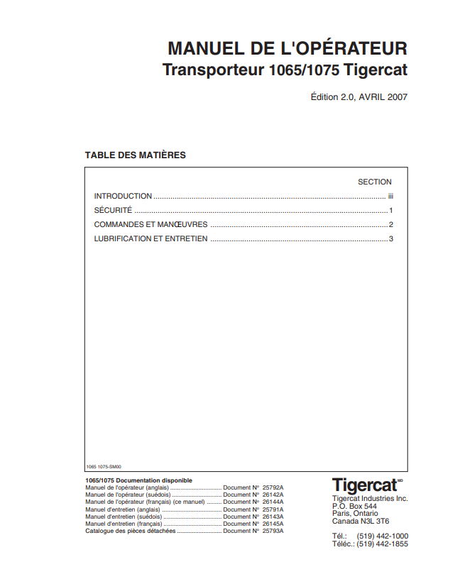 Tigercat 1065,1075 Carrier Operator Manual 25792A