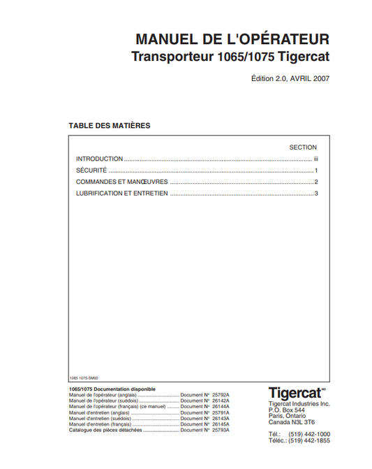 Tigercat 1065,1075 Carrier Operator Manual 25792A