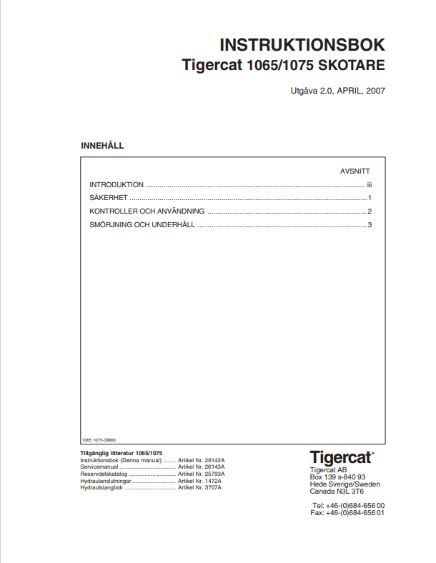 Tigercat 1065, 1075 Forwarder Instruction Book Manual 25793A