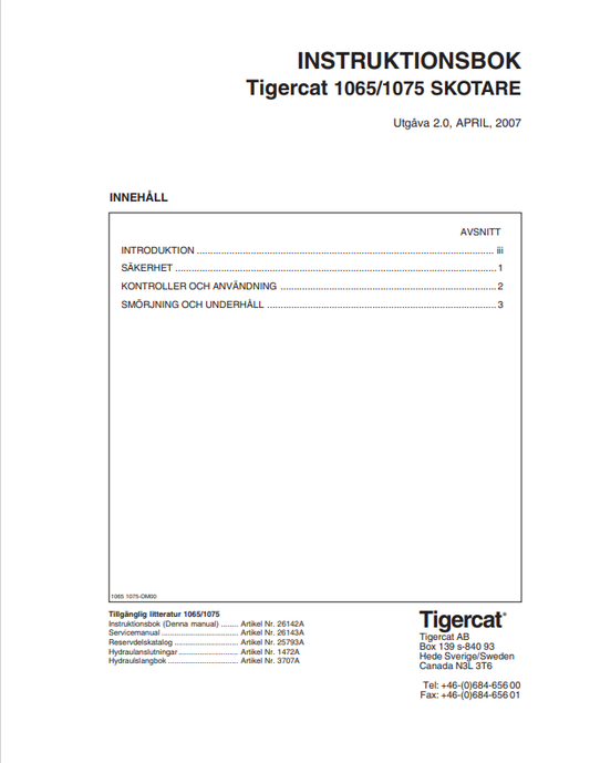 Tigercat 1065, 1075 Forwarder Instruction Book Manual 25793A