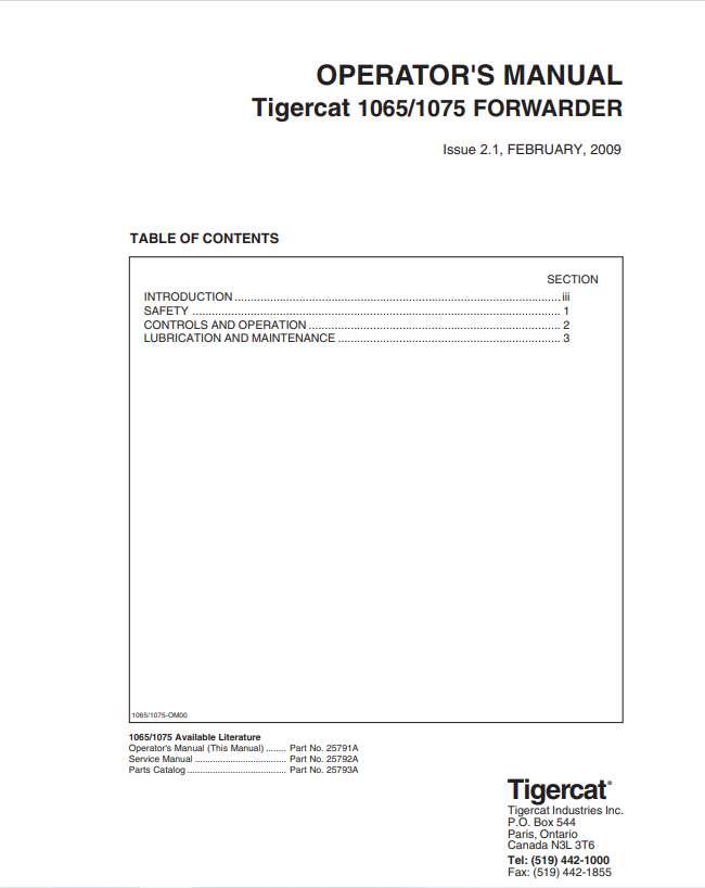 Tigercat 1065, 1075 Forwarder Operator Manual 25791A
