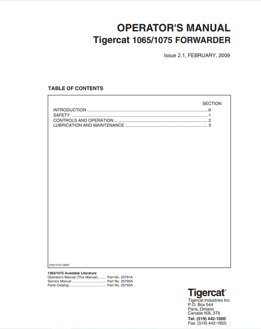 Tigercat 1065, 1075 Forwarder Operator Manual 25791A
