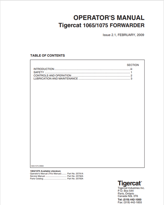 Tigercat 1065, 1075 Forwarder Operator Manual 2579A1