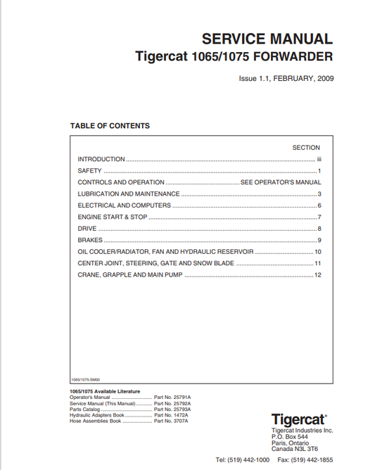 Tigercat 1065, 1075 Forwarder Service Manual 25792A