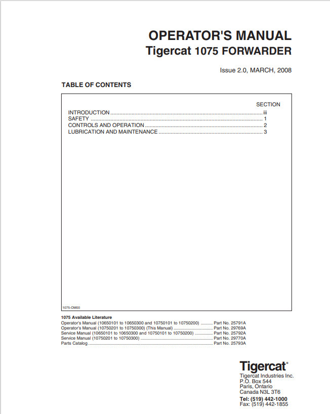 Tigercat 1075 Forwarder Operator Manual 25791A