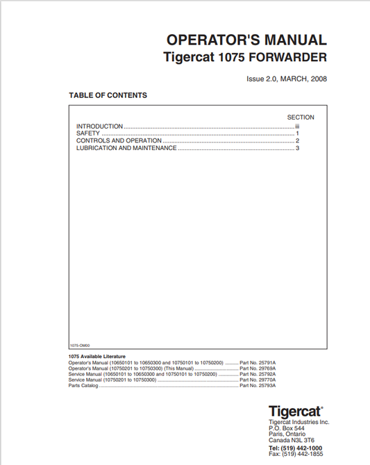Tigercat 1075 Forwarder Operator Manual 25791A