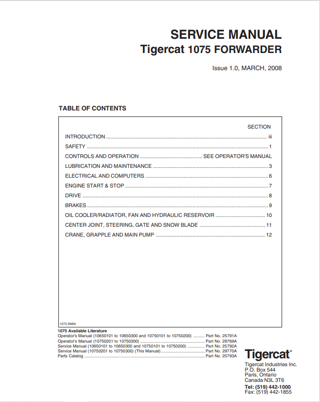 Tigercat 1075 Forwarder Service Manual 25792A
