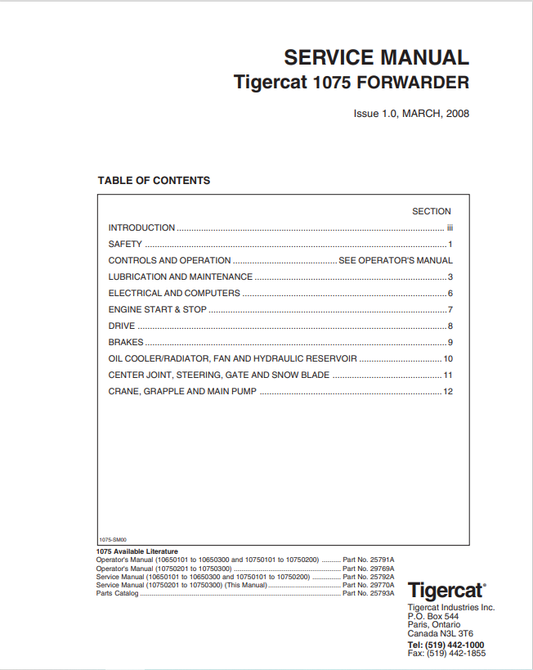 Tigercat 1075 Forwarder Service Manual 25792A
