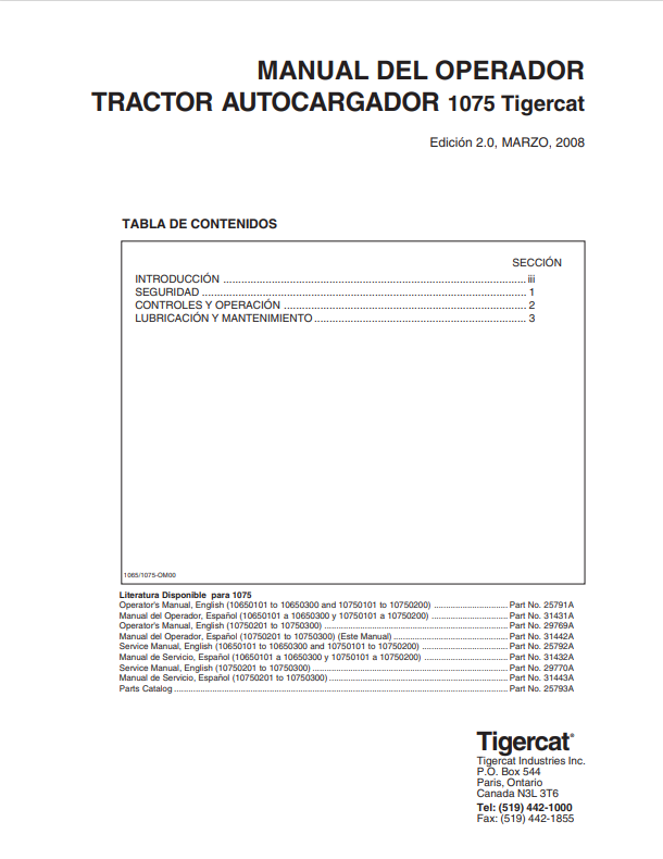 Tigercat 1075 Self-loading Tractor Operator Manual 25791A