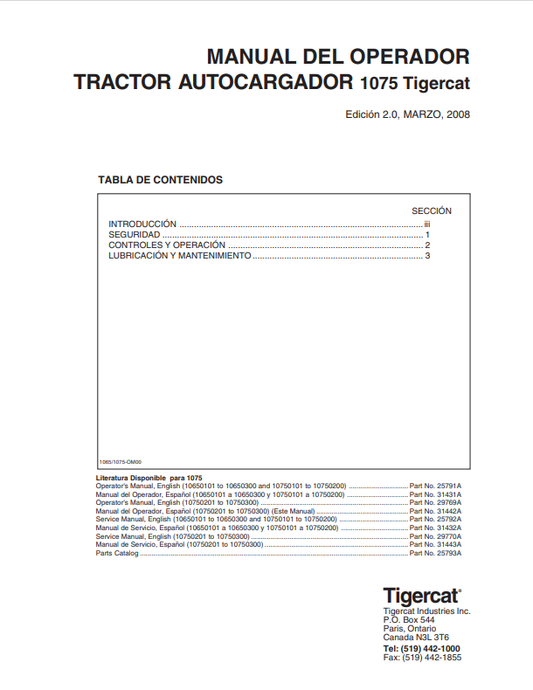 Tigercat 1075 Self-loading Tractor Operator Manual 25791A