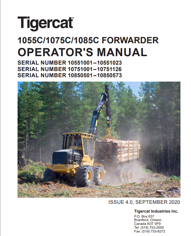 Tigercat 11055C, 1075C, 1085C Forwarder Operator Manual 44482AENG
