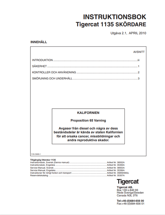 Tigercat 1135 Harvester Instruction Book Manual 35356A