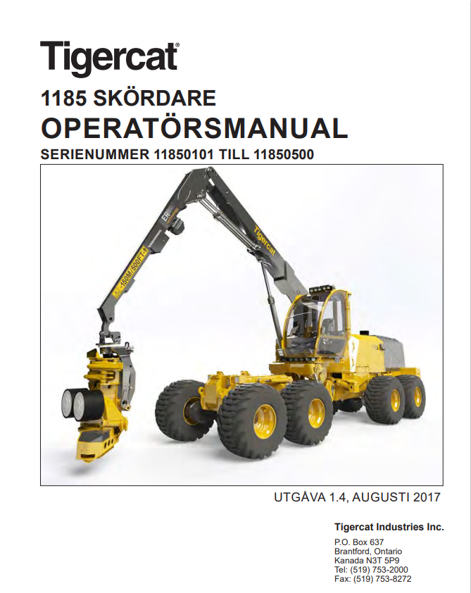 Tigercat 1185 Harvester Operator Manual 51800AENG 