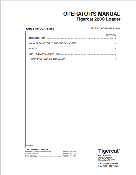 Tigercat 220C Loader Operator Manual 30446A