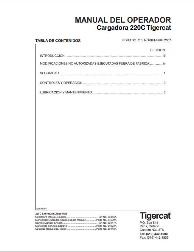 Tigercat 220C Loader Operator Manual 30446A 1