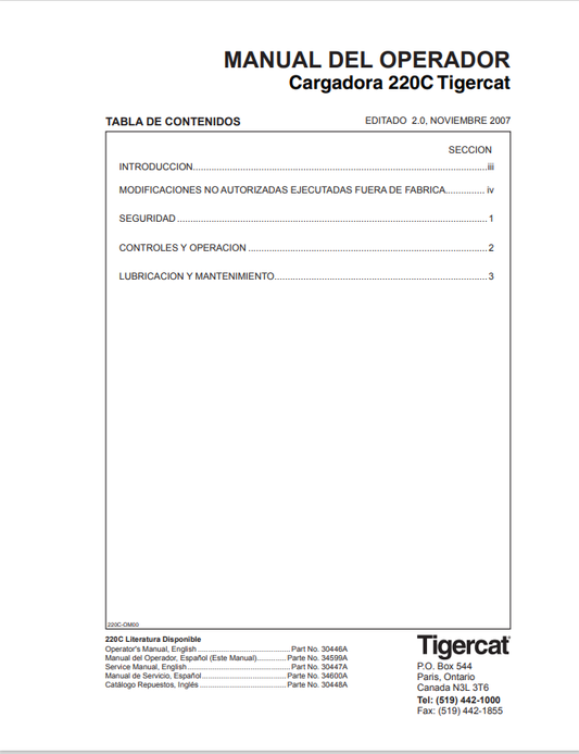 Tigercat 220C Loader Operator Manual 30446A 1