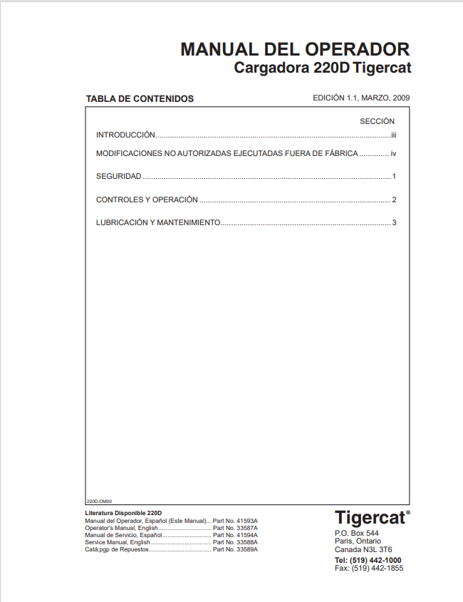 Tigercat 220D Loader Operator Manual 33587A 1