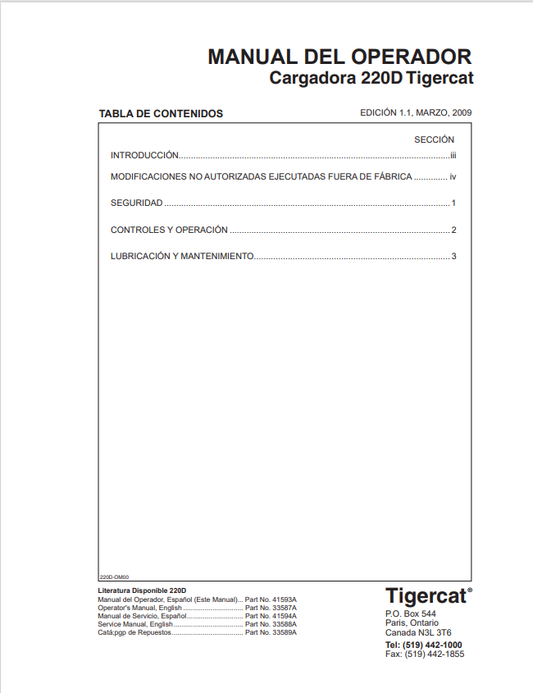 Tigercat 220D Loader Operator Manual 33587A 1