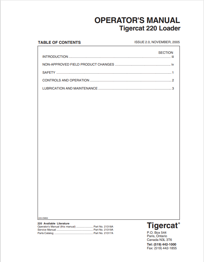Tigercat 220 Loader Operator Manual 21318A