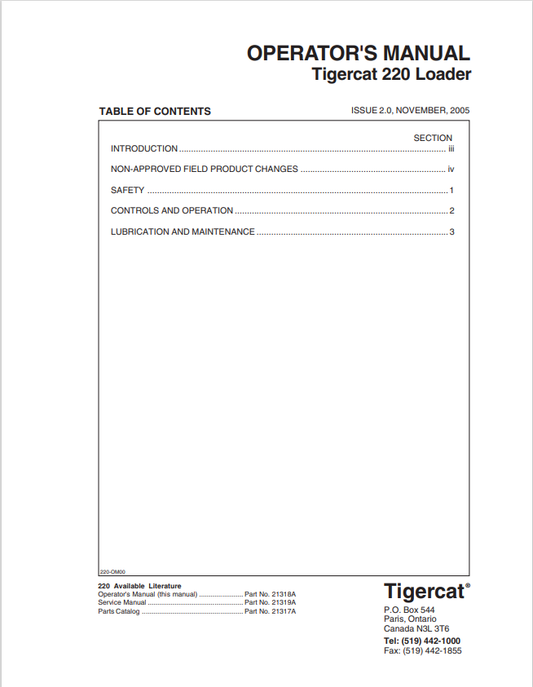 Tigercat 220 Loader Operator Manual 21318A
