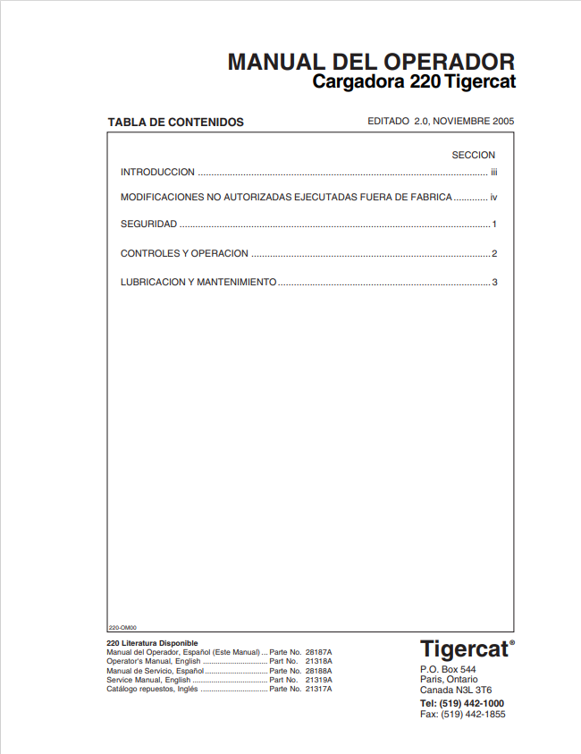 Tigercat 220 Loader Operator Manual 28187A 1