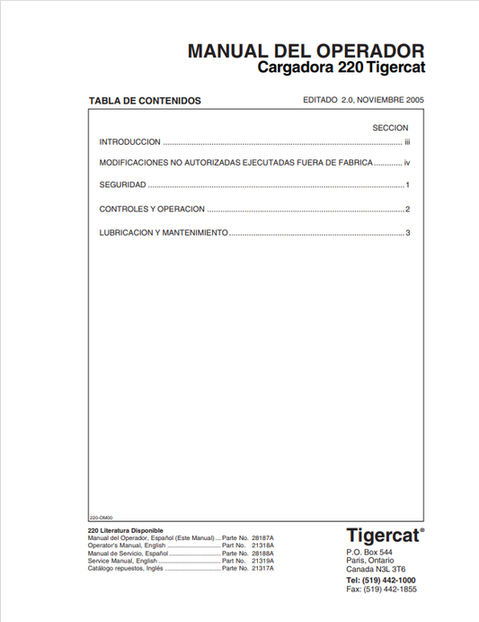 Tigercat 220 Loader Operator Manual 28187A 1
