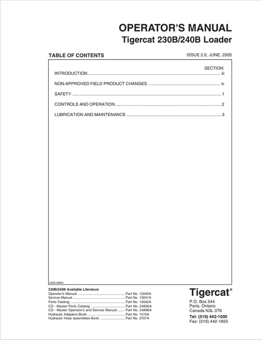 Tigercat 230B, 240B Loader Operator Manual 13040A