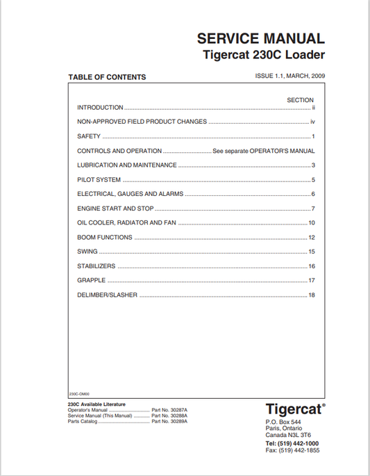 Tigercat 230C Loader Service Manual 30288A